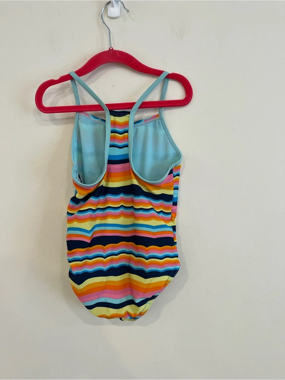 Speedo Girls Rainbow Wave Stripe One-Piece Swimsuit - Light Blue Trim
